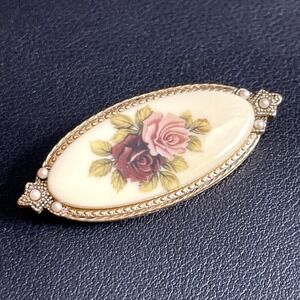 Vintage Victorian Revival Brooch 1928 Jewelry Floral Gold Tone Pink Faux Pearl